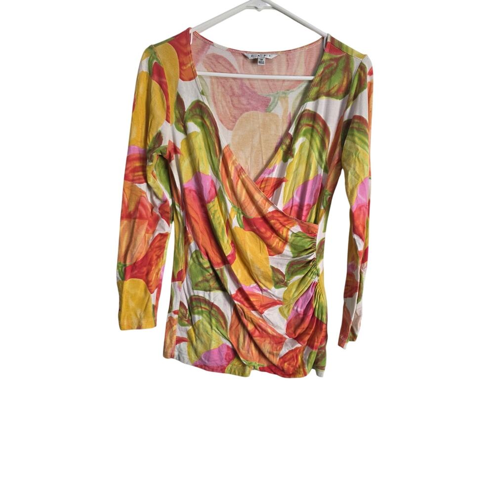 Cabi Cottage Core Top M Womens V Neck Long Sleeve Stretchy Pullover Geometric